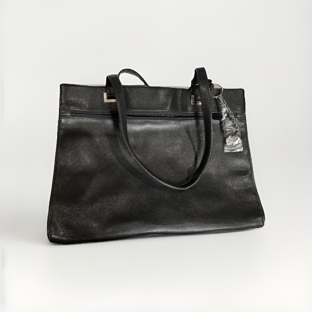 Coldwater Creek Black Pebbled Leather Tote With Braided Key FOB